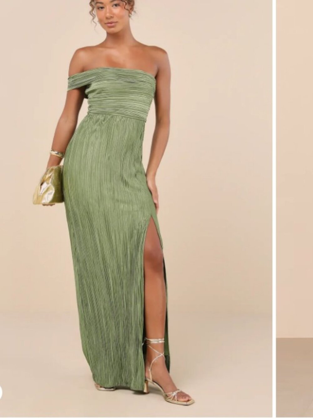 Lulu's Poised Performance Olive Green Plisse One-Shoulder Maxi Dress - Size Med